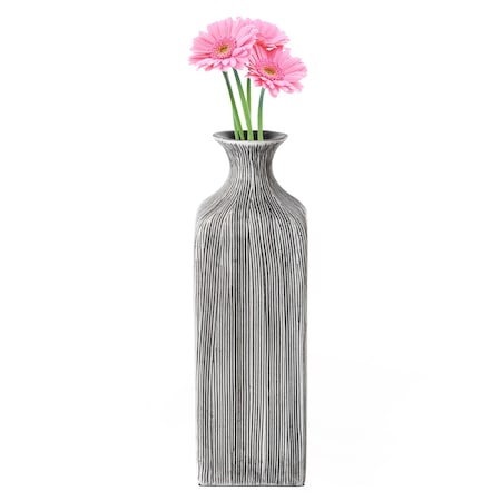 Contemporary Decorative Square Table Flower Vase With Gray Striped Design, 8 Inch